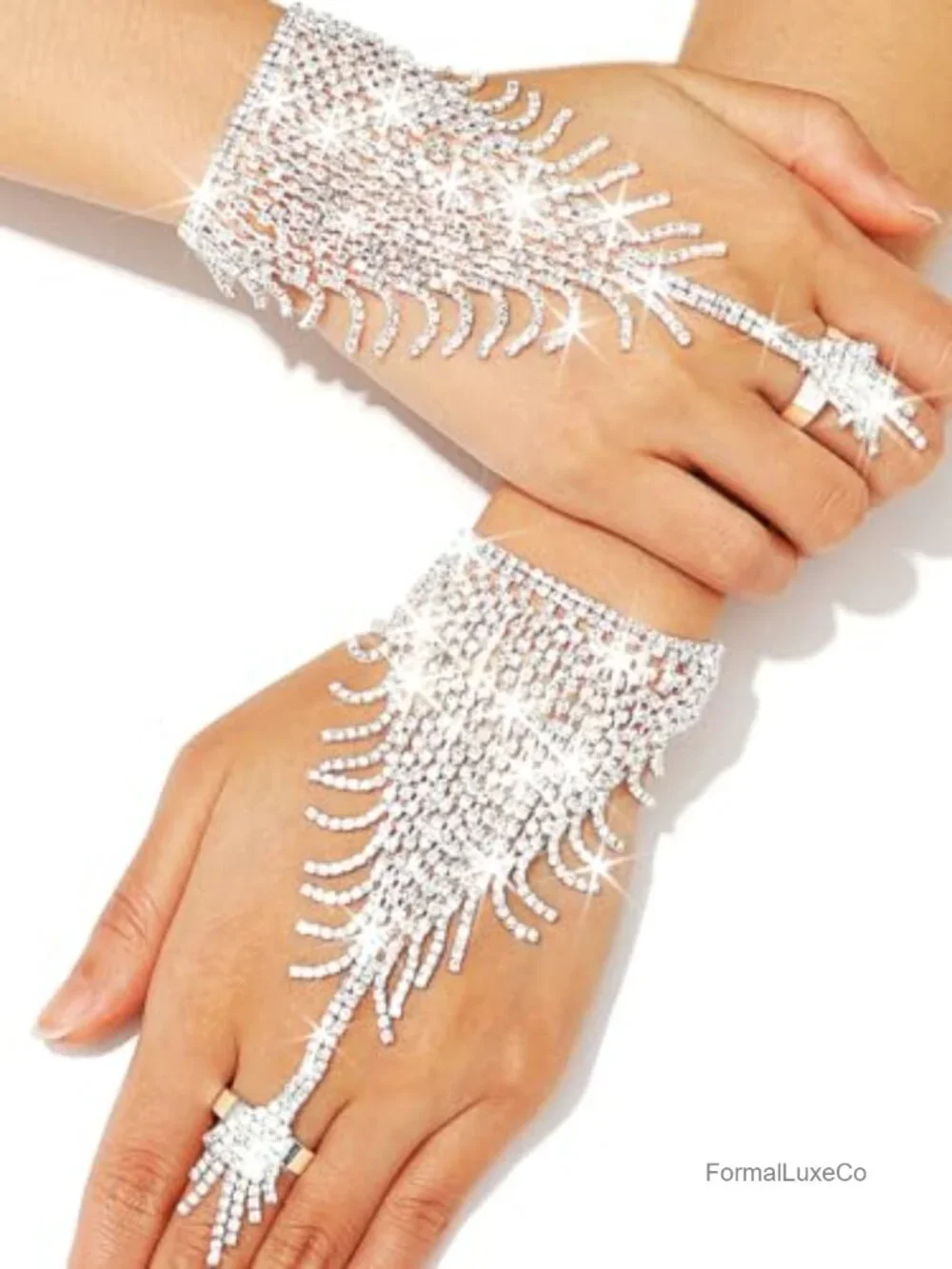 Rhinestone Fingerless Gloves with Ring Sparkly Crystal Hand Chain Women